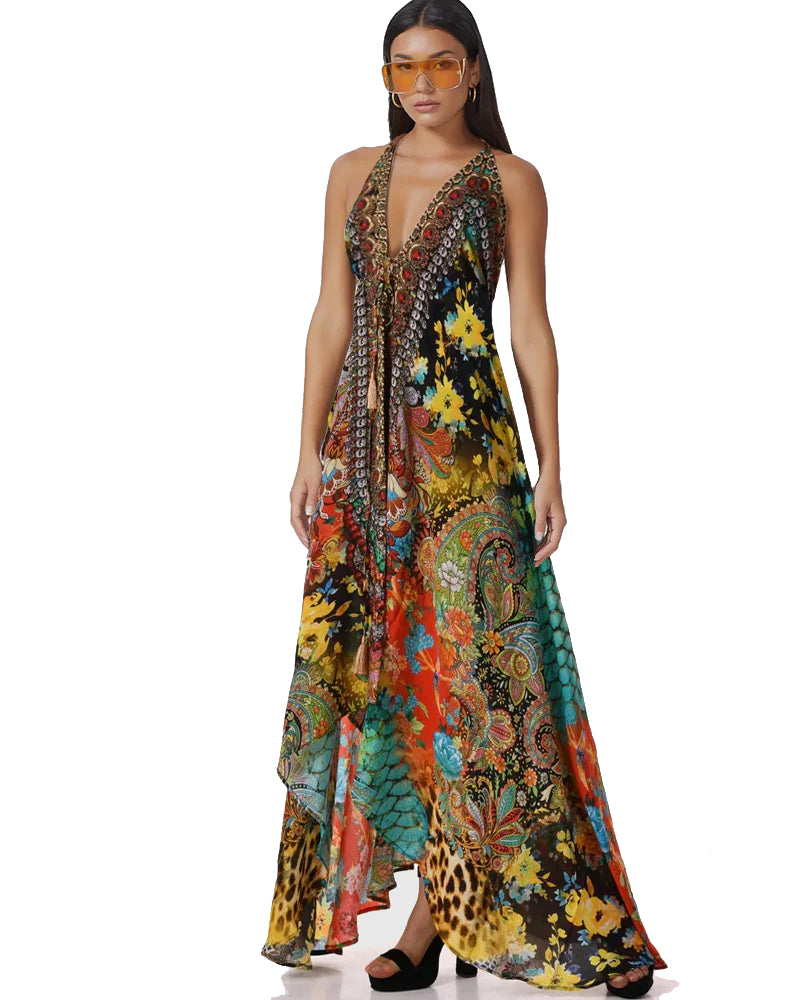 Embellished Yellow Forest High Low Dress