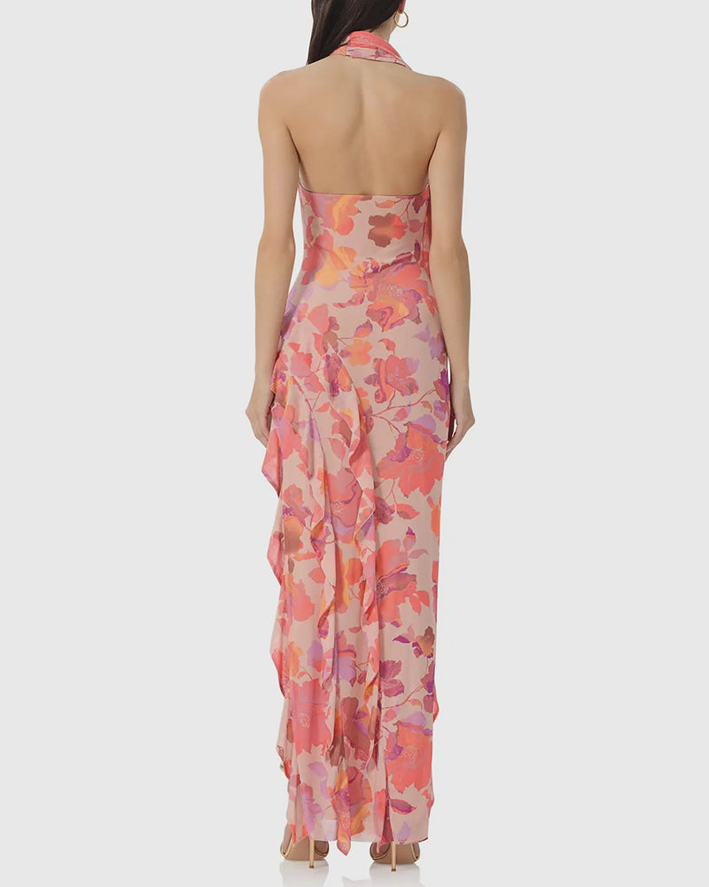 Desiree Ruffle Maxi Dress in Nude Marble Floral