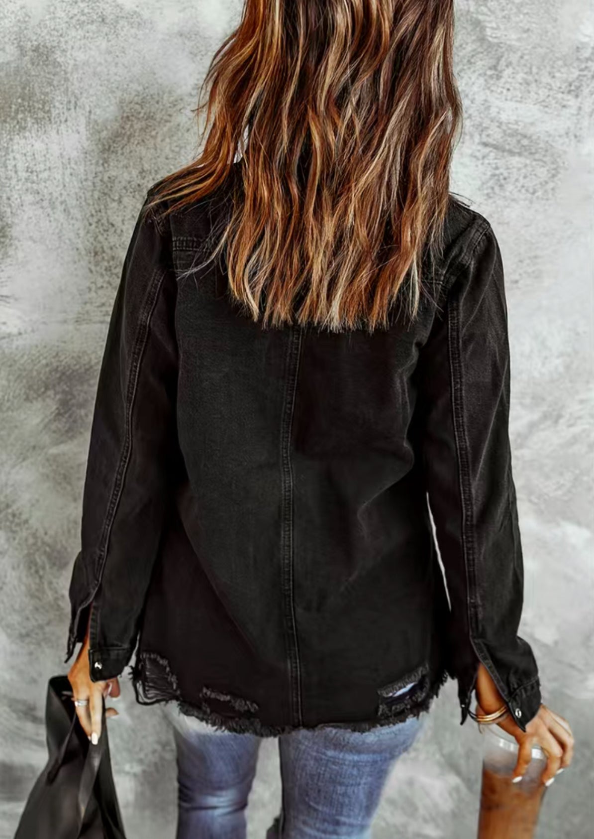 Black Distressed Denim Button Up Shirt