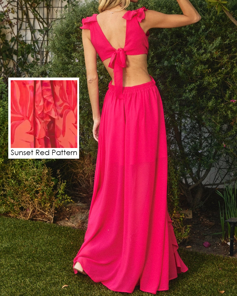 Beautiful Escape Cutout Frilly Maxi Dress in Sunset Red