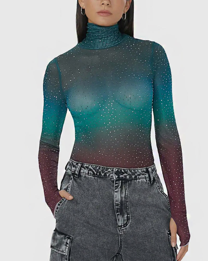 Turquoise Hazel Ombre Zadie Sheer Rhinestone Top