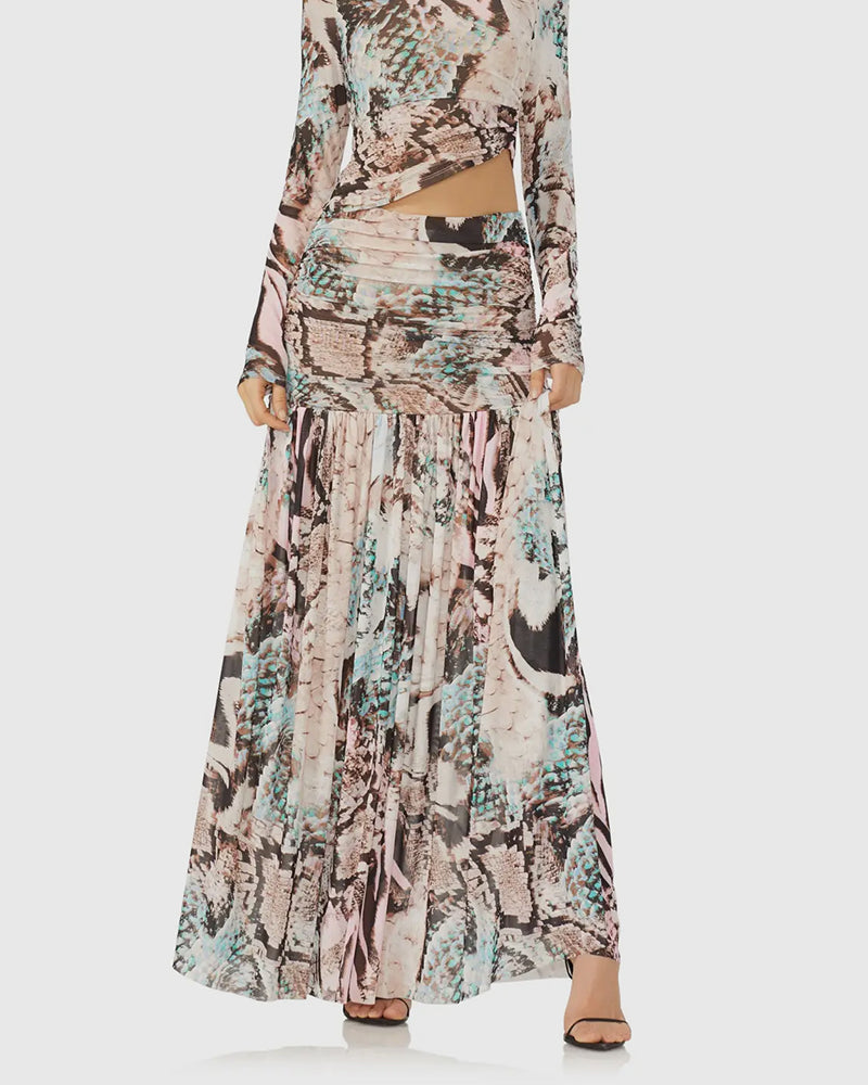 Aqua Mixed Animal Print Val Sheer Maxi Skirt