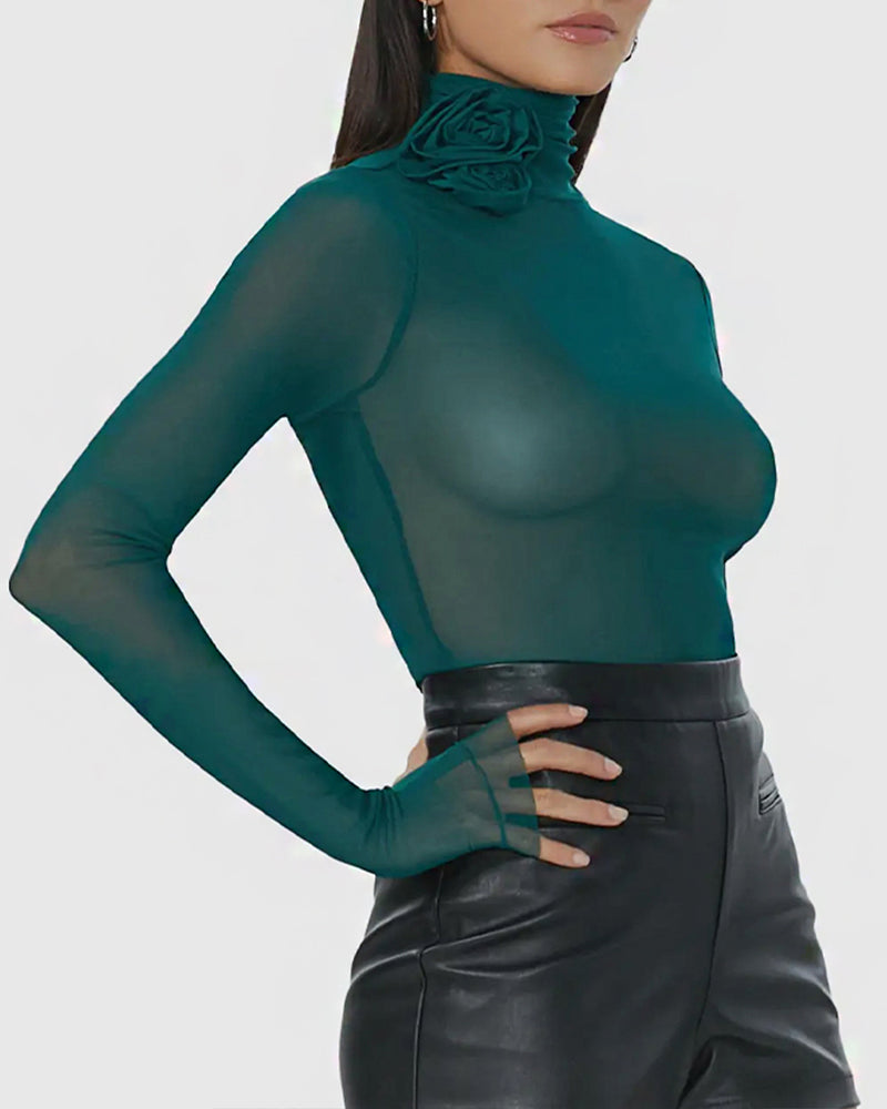 Botanical Green Zadie Sheer Rosette Top
