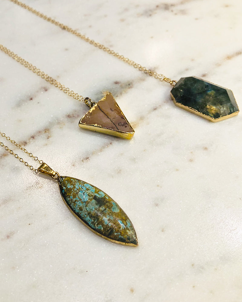 Palm to Pine Gold Labradorite Hexagon Pendant