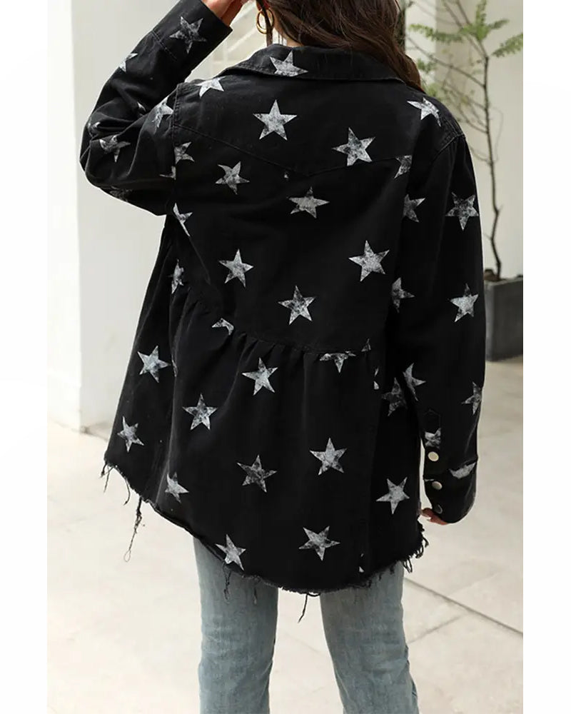 Star Print Raw Hem Distressed Shacket