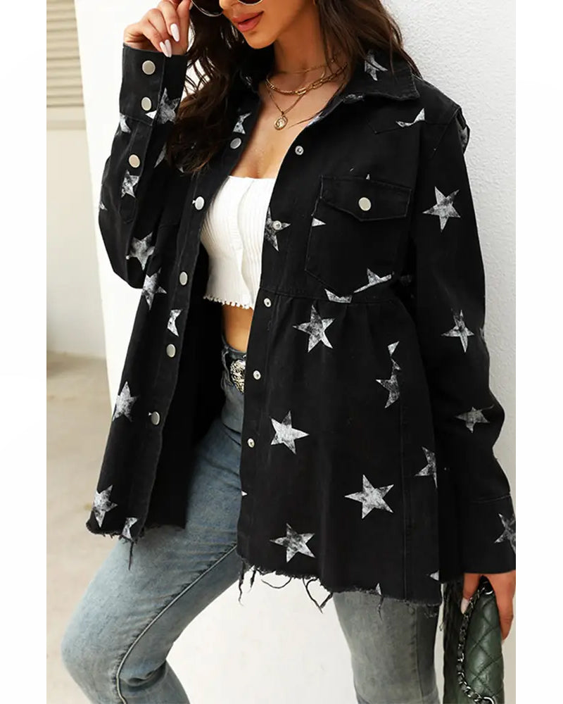 Star Print Raw Hem Distressed Shacket
