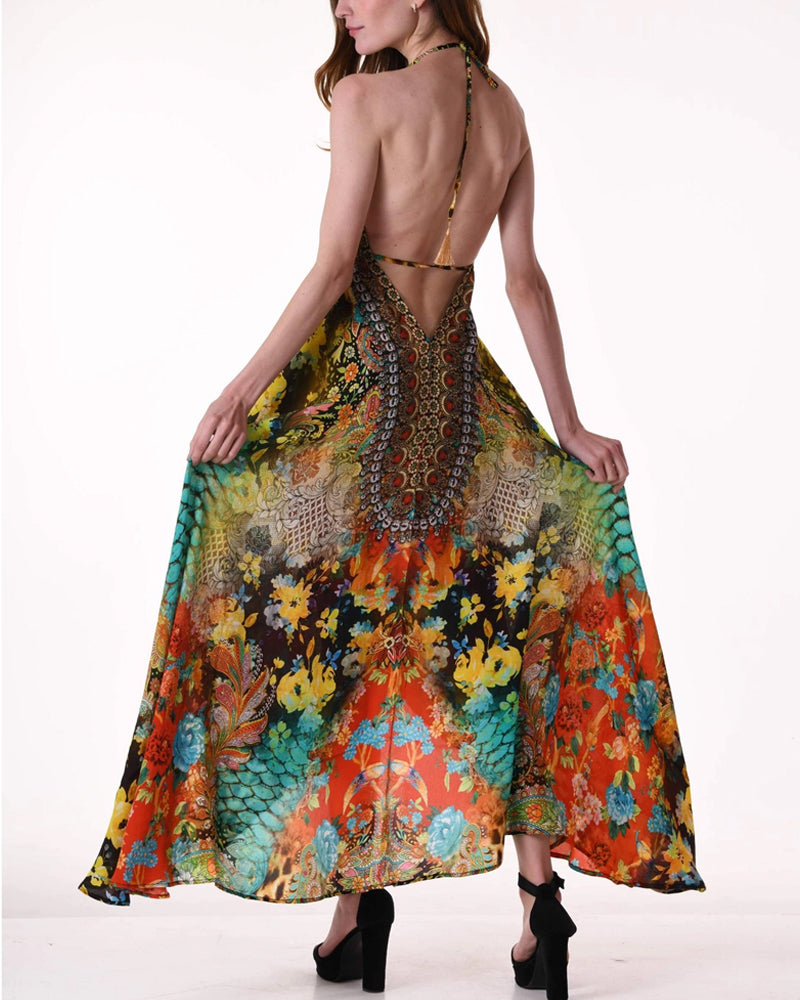 Embellished Yellow Forest High Low Dress