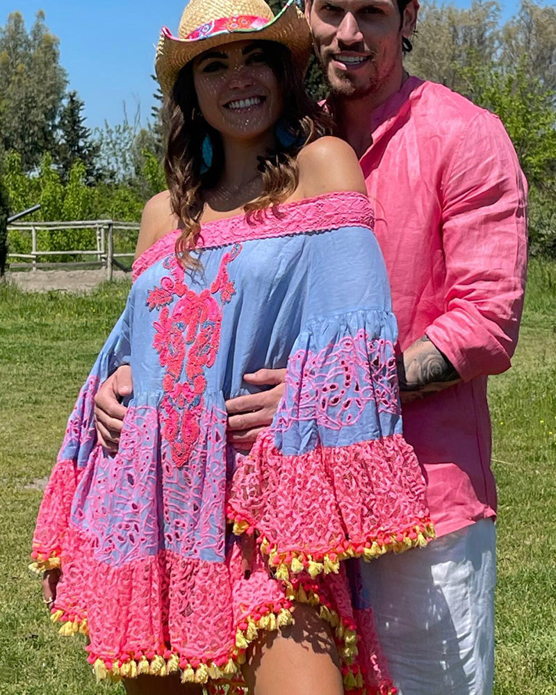 Antica Sartoria Multi Color Off the Shoulder Lace Short Dress