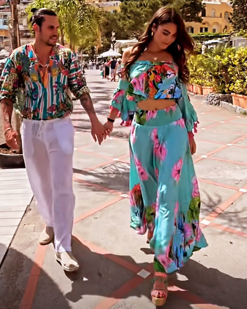 Antica Sartoria Turquoise Floral Embellished Top and Pant Set