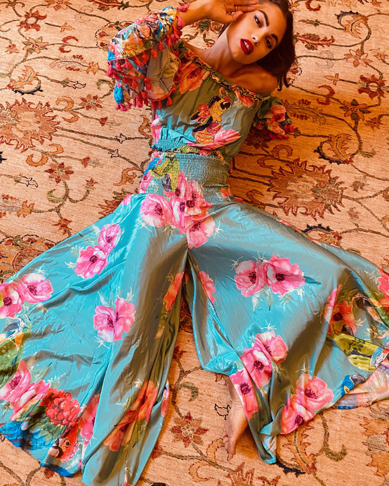 Antica Sartoria Turquoise Floral Embellished Top and Pant Set