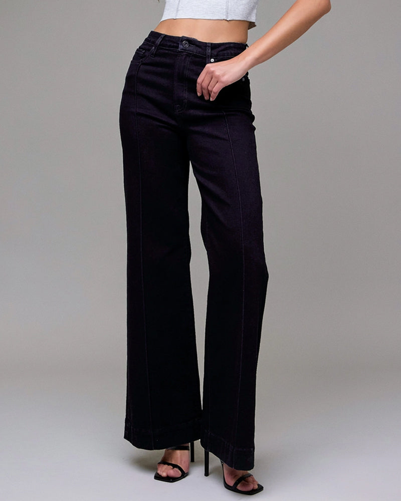 Stretch Pintuck High Rise Comfort Flare Jean in Black