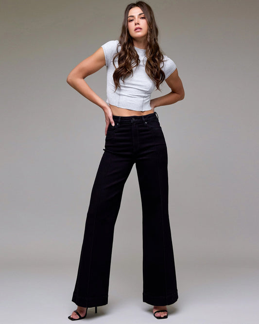 Stretch Pintuck High Rise Comfort Flare Jean in Black