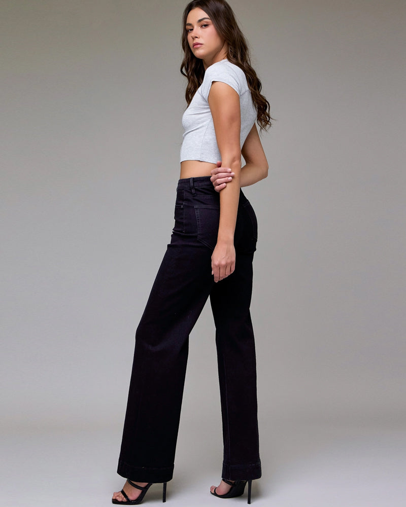 Stretch Pintuck High Rise Comfort Flare Jean in Black