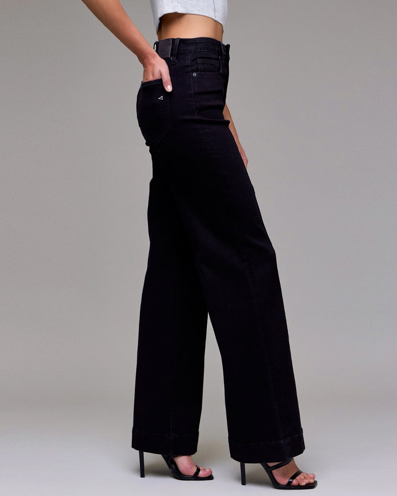 Stretch Pintuck High Rise Comfort Flare Jean in Black