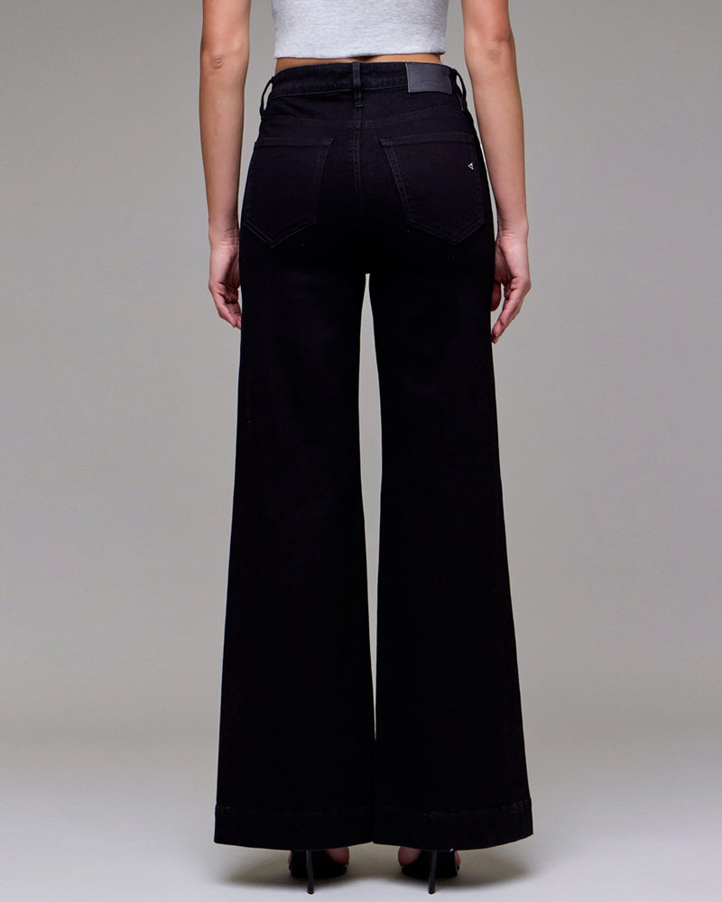 Stretch Pintuck High Rise Comfort Flare Jean in Black