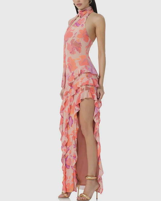 Desiree Ruffle Maxi Dress in Nude Marble Floral