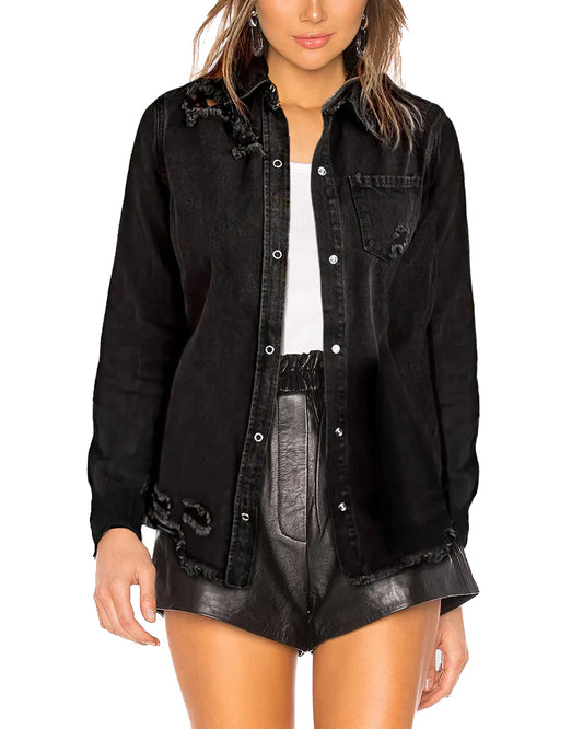Black Distressed Denim Button Up Shirt