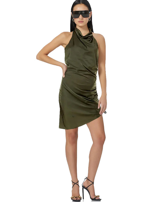 Olive Asymetrical Hem Halter Mini Dress