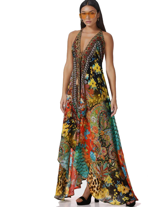 Embellished Yellow Forest High Low Dress