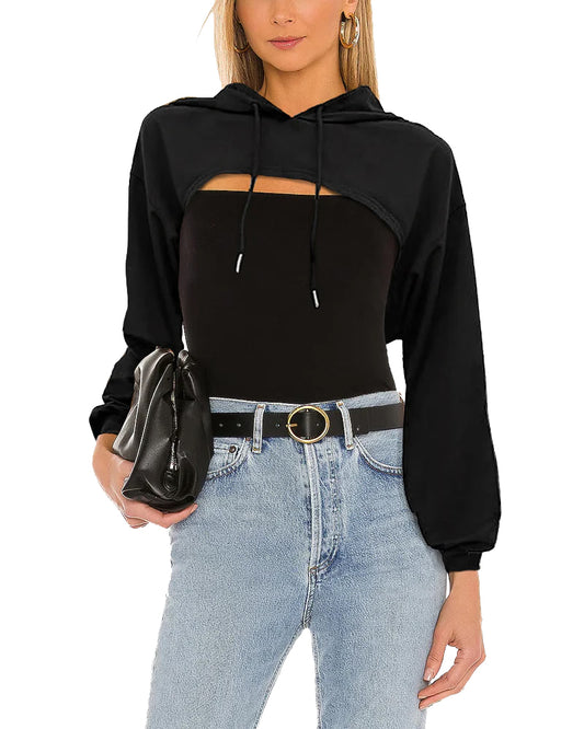 Black Cropped Hoodie with Drawstring
