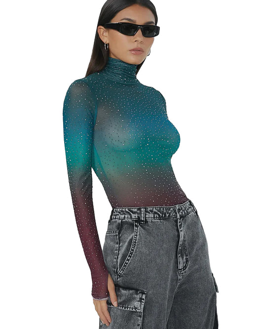 Turquoise Hazel Ombre Zadie Sheer Rhinestone Top