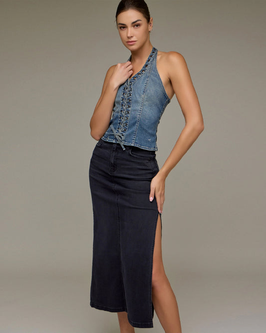 Side Slit Stretch Midi Skirt in Black