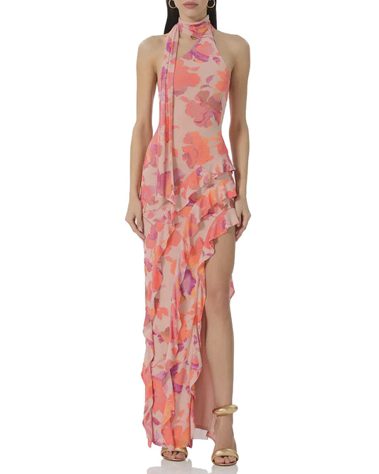 Desiree Ruffle Maxi Dress in Nude Marble Floral