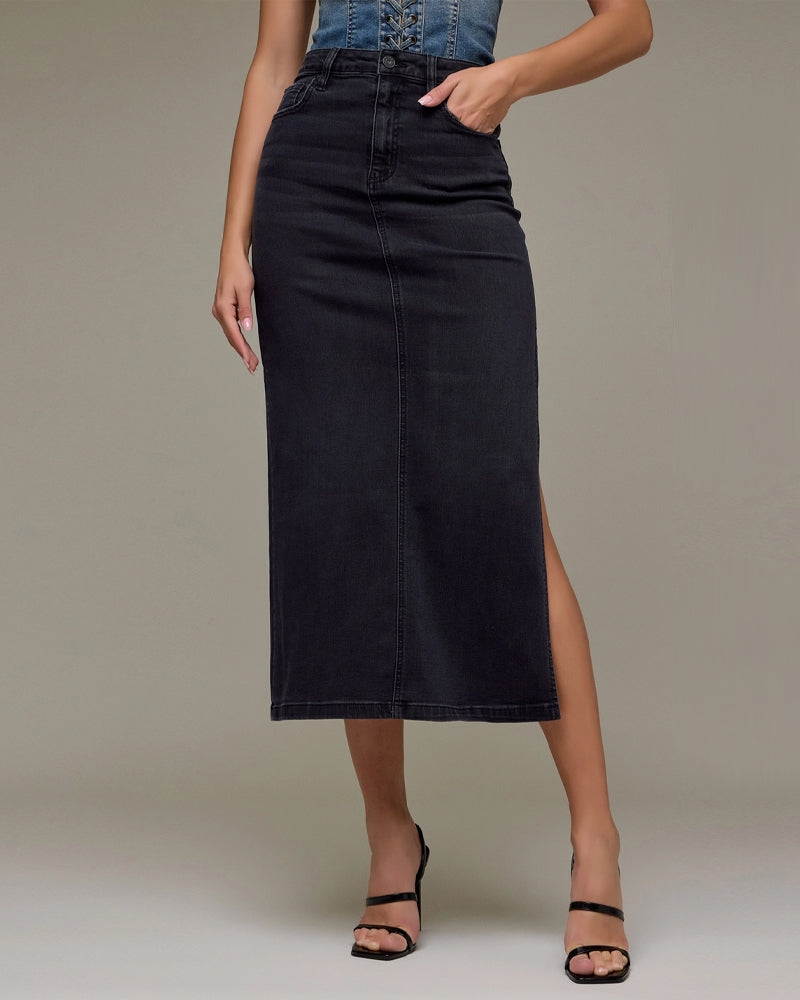 Side Slit Stretch Midi Skirt in Black