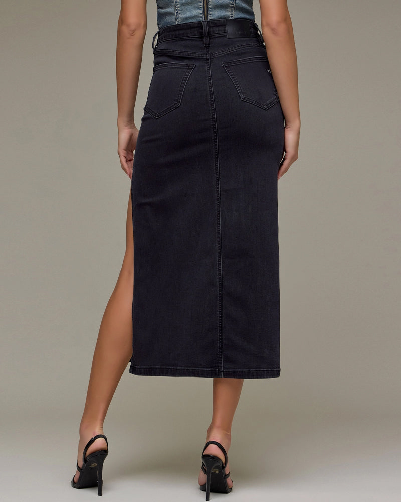 Side Slit Stretch Midi Skirt in Black