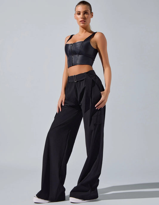 Ava Belted Wide Leg Pant in Black