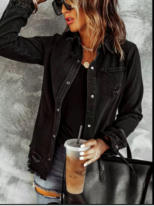 Black Distressed Denim Button Up Shirt