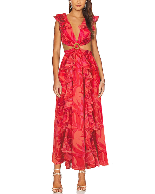 Beautiful Escape Cutout Frilly Maxi Dress in Sunset Red