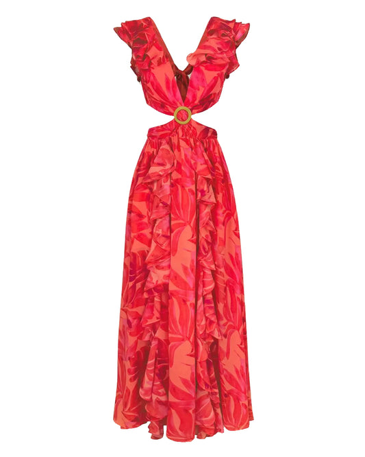 Beautiful Escape Cutout Frilly Maxi Dress in Sunset Red