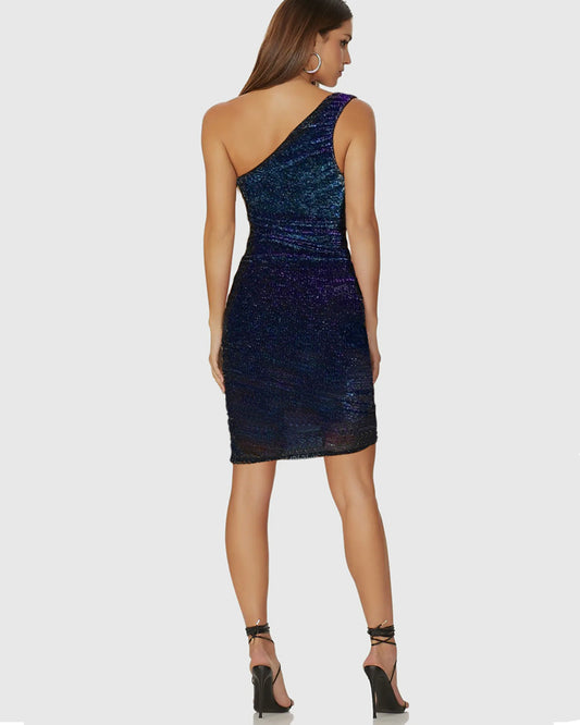 Metallic Ruched One Shoulder Mini Dress