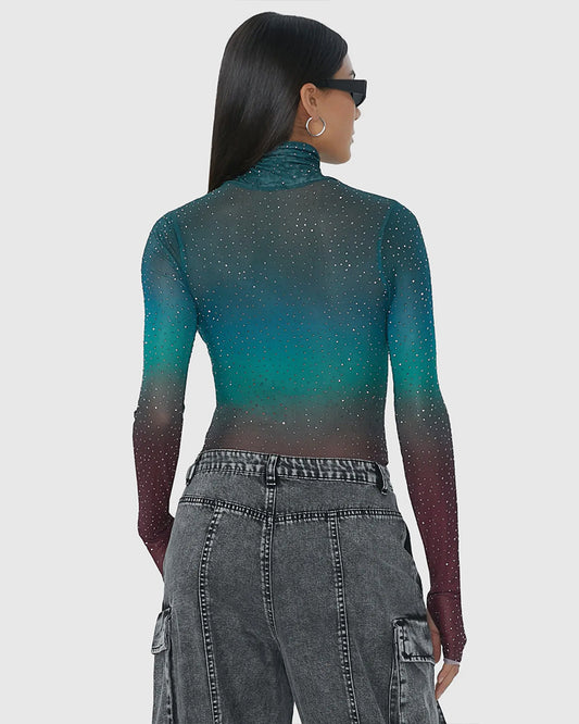 Turquoise Hazel Ombre Zadie Sheer Rhinestone Top