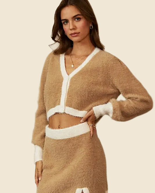 Fuzzy V-Neck Color Block Cardigan
