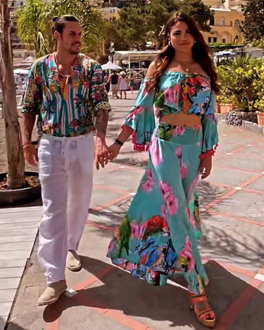 Antica Sartoria Turquoise Floral Embellished Top and Pant Set
