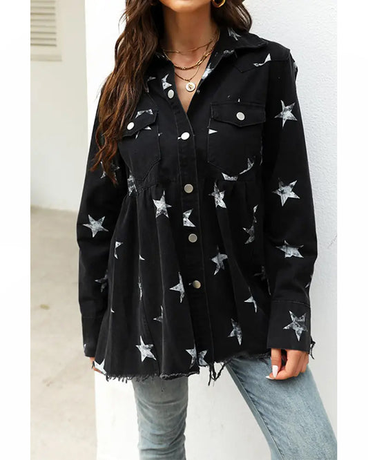 Star Print Raw Hem Distressed Shacket