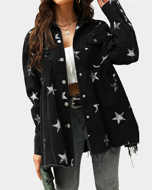 Star Print Raw Hem Distressed Shacket