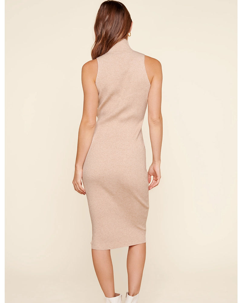 Oatmeal Ribbed Knit Turtleneck Sweater Dress