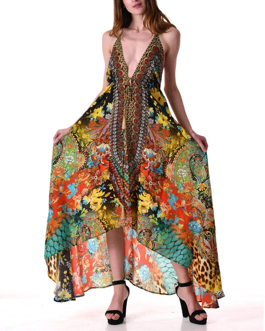 Embellished Yellow Forest High Low Dress