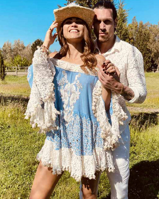 Antica Sartoria Off the Shoulder Lace Short Dress