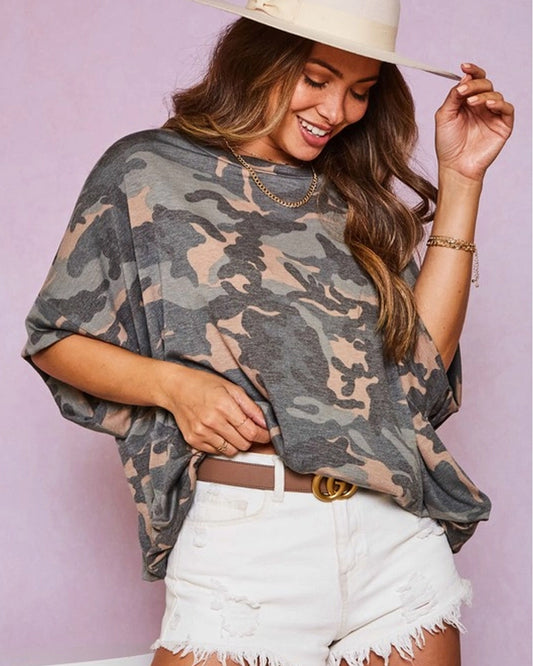 Half Sleeve Camo Print Knit Loose Fit Sweatshirt