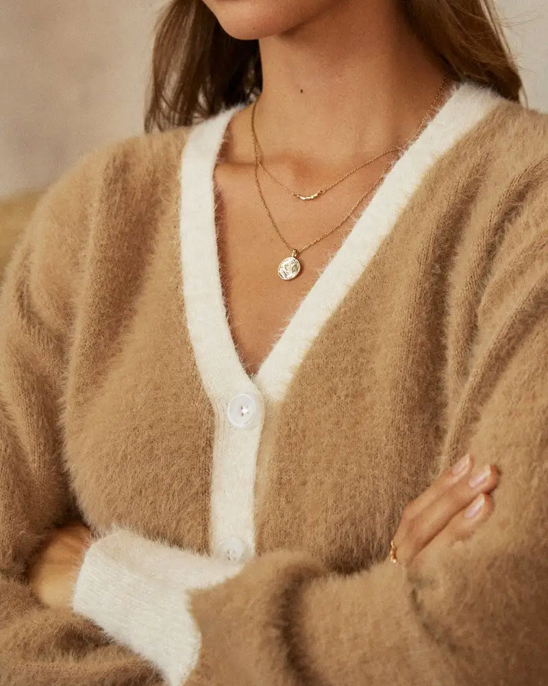 Fuzzy V-Neck Color Block Cardigan