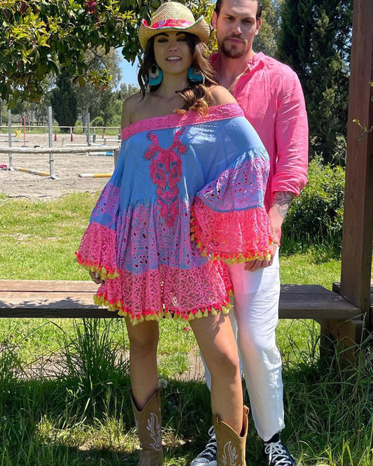 Antica Sartoria Multi Color Off the Shoulder Lace Short Dress