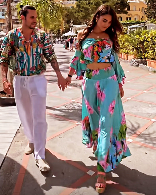 Antica Sartoria Turquoise Floral Embellished Top and Pant Set